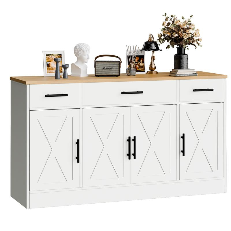 Walsunny Kitchen Buffet Sideboard Cabinet with 4 Doors and 3 Drawers, Entryway Adjustable Storage Pantry Shelf, Farmhouse Coffee Bar Cabinet for Kitchen, Grey