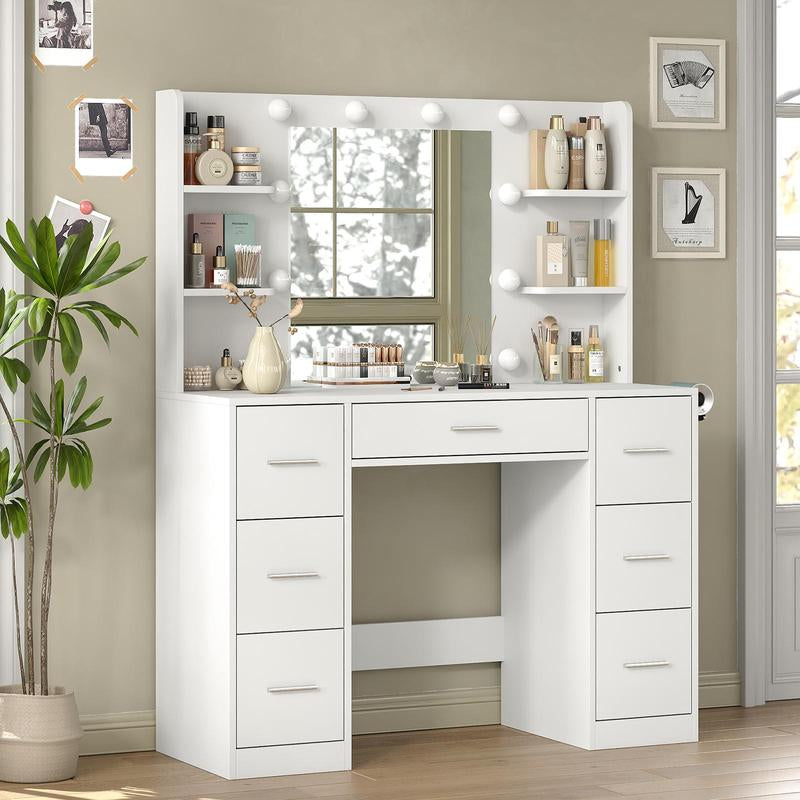7 Drawers Vanity Desk with Mirror and Lights, Makeup Vanity Table with Power Outlets, 7 Drawers and 6 Open Shelves, 3 Lighting Modes and Adjustable Brightness, Dressing Table for Bedroom, White