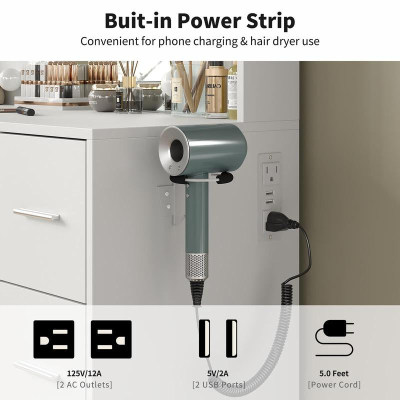 7 Drawers Vanity Desk with Mirror and Lights, Makeup Vanity Table with Power Outlets, 7 Drawers and 6 Open Shelves, 3 Lighting Modes and Adjustable Brightness, Dressing Table for Bedroom, White