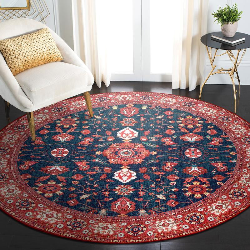 My Magic Carpet Ramage Indigo Machine Washable round Rug, 6X6 Stain Resistant, Non-Slip, Waterproof