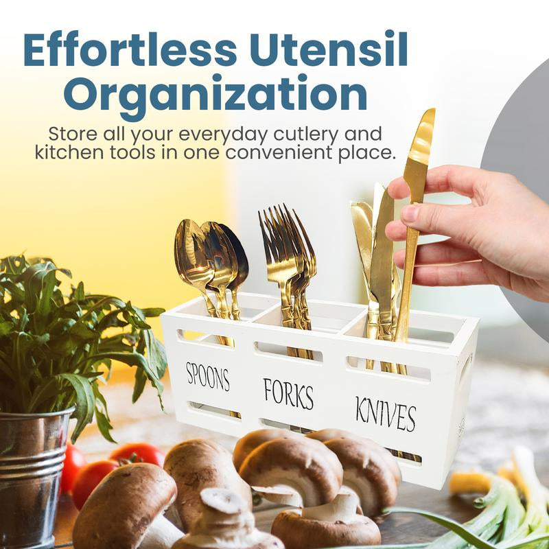 Wooden Utensil Holder - Utensil Caddy, Cutlery Organizer for Kitchen Countertop, Silverware Holder, Flatware Caddy for Party & Kitchen with Salt and Pepper Shakers